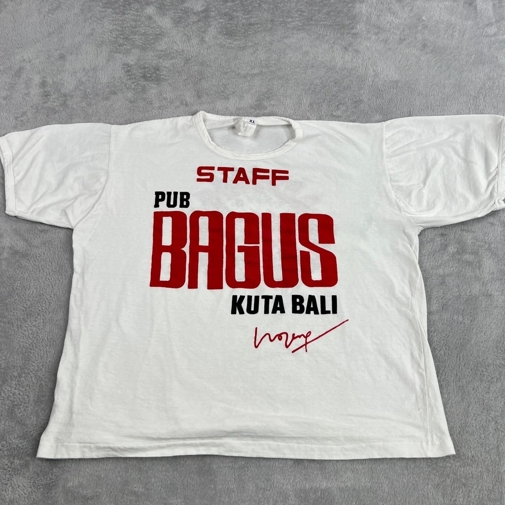 Vtg Boxy 90s Pub Bagus Kuta Bali Staff Single Stitch Tee XL White Surf Souvenir